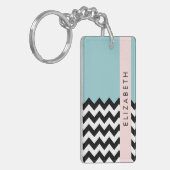 Zwart-wit Zigzag, Chevron, Blauw, Jouw naam Sleutelhanger (Voorkant Links)