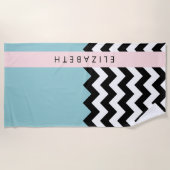 Zwart-wit Zigzag, Chevron, Blauw, Jouw naam Strandlaken (Voorkant)