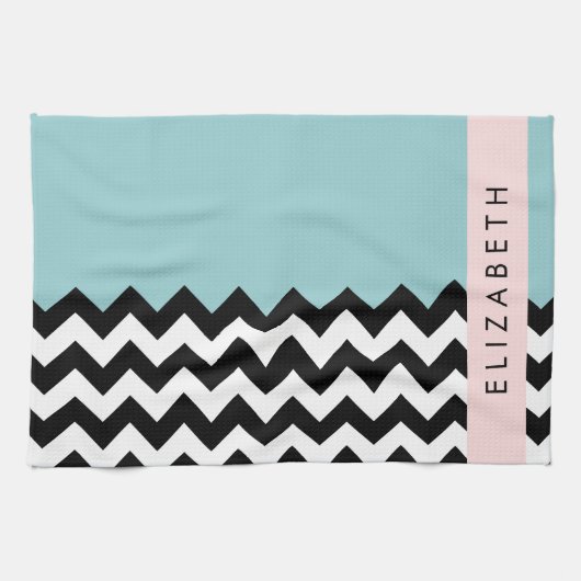 Zwart-wit Zigzag, Chevron, Blauw, Jouw naam Theedoek (Horizontaal)