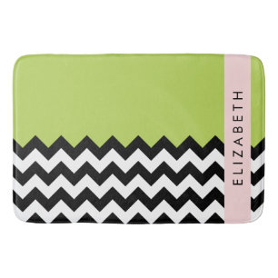 Zwart-wit Zigzag, Chevron, Groen, Jouw naam Badmat