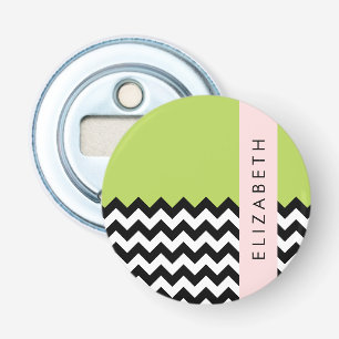 Zwart-wit Zigzag, Chevron, Groen, Jouw naam Button Flesopener