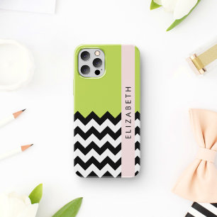 Zwart-wit Zigzag, Chevron, Groen, Jouw naam iPhone 12 Pro Hoesje