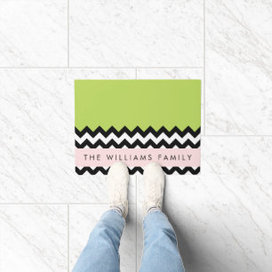 Zwart-wit Zigzag, Chevron, Groen, Jouw naam Deurmat