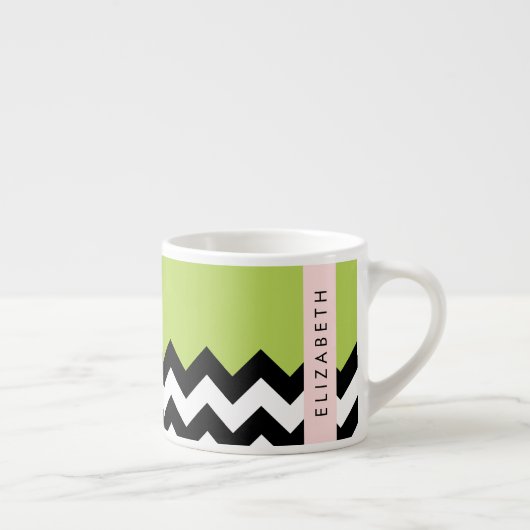 Zwart-wit Zigzag, Chevron, Groen, Jouw naam Espresso Kop (Rechts)