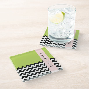 Zwart-wit Zigzag, Chevron, Groen, Jouw naam Glazen Onderzetter