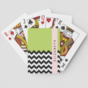 Zwart-wit Zigzag, Chevron, Groen, Jouw naam Pokerkaarten
