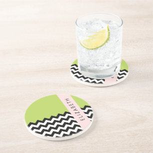 Zwart-wit Zigzag, Chevron, Groen, Jouw naam Zandsteen Onderzetter