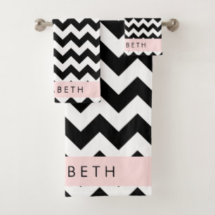 Zwart-wit Zigzag, Chevron Pattern, Jouw naam Bad Handdoek