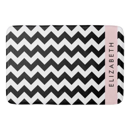 Zwart-wit Zigzag, Chevron Pattern, Jouw naam Badmat (Voorkant)