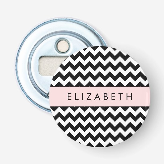 Zwart-wit Zigzag, Chevron Pattern, Jouw naam Button Flesopener (Voorkant)