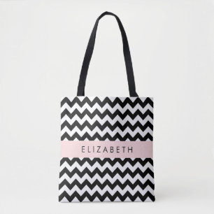 Zwart-wit Zigzag, Chevron Pattern, Jouw naam Draagtas