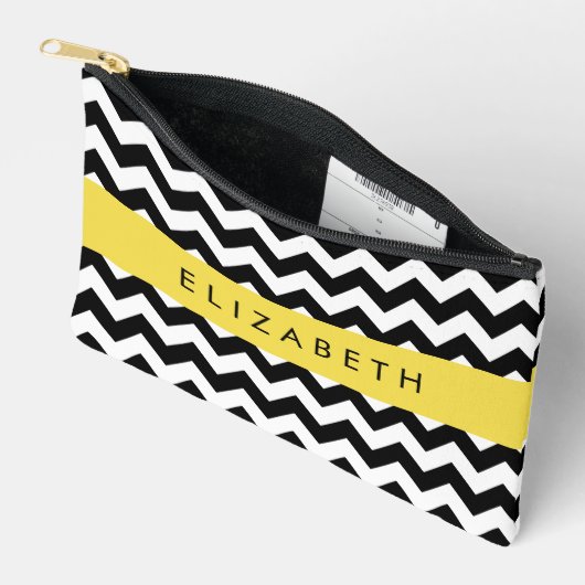 Zwart-wit Zigzag, Chevron Pattern, Jouw naam Etui (Open)