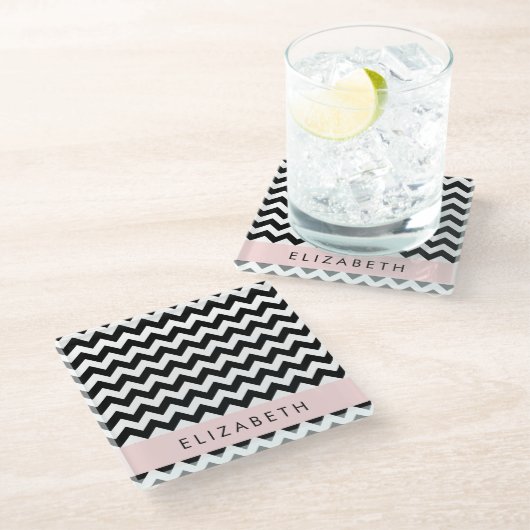 Zwart-wit Zigzag, Chevron Pattern, Jouw naam Glazen Onderzetter (Schuin)