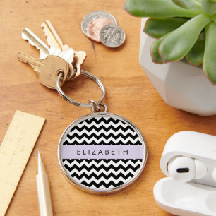 Zwart-wit Zigzag, Chevron Pattern, Jouw naam Sleutelhanger
