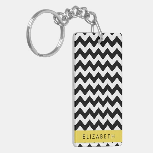 Zwart-wit Zigzag, Chevron Pattern, Jouw naam Sleutelhanger (Voorkant Links)