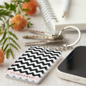 Zwart-wit Zigzag, Chevron Pattern, Jouw naam Sleutelhanger (Voorkant Rechts)