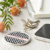 Zwart-wit Zigzag, Chevron Pattern, Jouw naam Sleutelhanger (Zijkant)