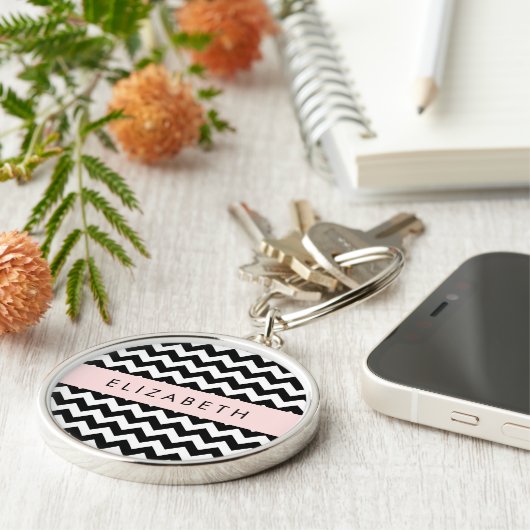 Zwart-wit Zigzag, Chevron Pattern, Jouw naam Sleutelhanger (Zijkant)