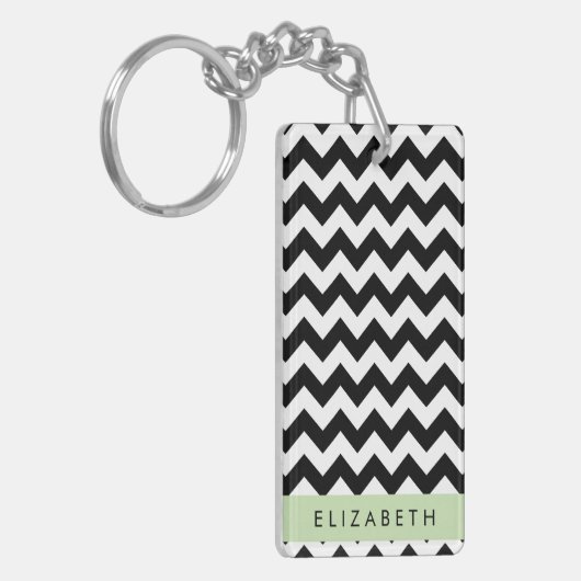 Zwart-wit Zigzag, Chevron Pattern, Jouw naam Sleutelhanger (Voorkant Links)