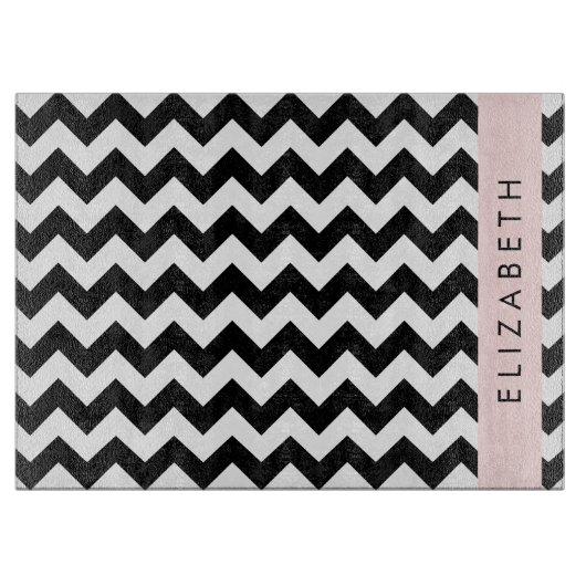 Zwart-wit Zigzag, Chevron Pattern, Jouw naam Snijplank (Voorkant)