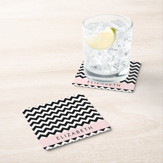 Zwart-wit Zigzag, Chevron Pattern, Jouw naam Vierkante Kartonnen Onderzetter (Insitu)