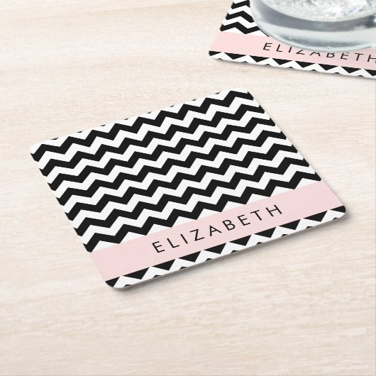 Zwart-wit Zigzag, Chevron Pattern, Jouw naam Vierkante Kartonnen Onderzetter (Schuin)