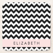 Zwart-wit Zigzag, Chevron Pattern, Jouw naam Vierkante Kartonnen Onderzetter (Voorkant)