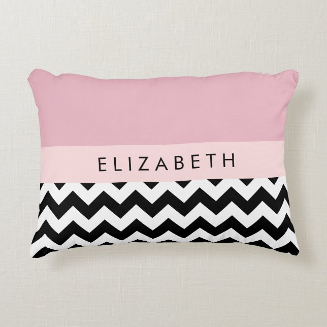Zwart-wit Zigzag, Chevron, Roze, Jouw naam Accent Kussen (Voorkant)