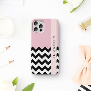 Zwart-wit Zigzag, Chevron, Roze, Jouw naam iPhone 12 Pro Hoesje