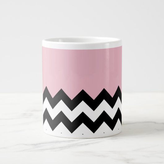 Zwart-wit Zigzag, Chevron, Roze, Jouw naam Extra Grote Beker (Voorkant)