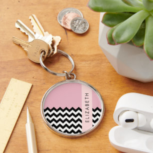 Zwart-wit Zigzag, Chevron, Roze, Jouw naam Sleutelhanger