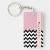 Zwart-wit Zigzag, Chevron, Roze, Jouw naam Sleutelhanger (Voorkant)