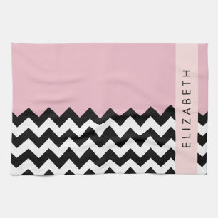 Zwart-wit Zigzag, Chevron, Roze, Jouw naam Theedoek