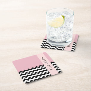 Zwart-wit Zigzag, Chevron, Roze, Jouw naam Vierkante Kartonnen Onderzetter