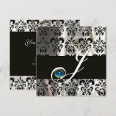 ZWART WIT ZIJDE DAMAST MONOGRAM BLAUWE SAPPHIER KAART (Voorkant / Achterkant)