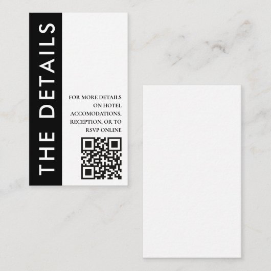 Zwart & Wit Zijstreep QR Code Bruiloft Details Informatiekaartje (Voorkant / Achterkant)