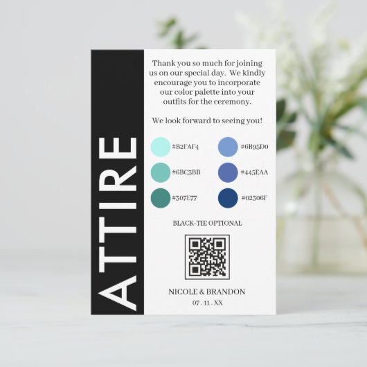 Zwart & Wit Zijstreep QR Code Huwelijkskleding Informatiekaartje (Staand voorkant)