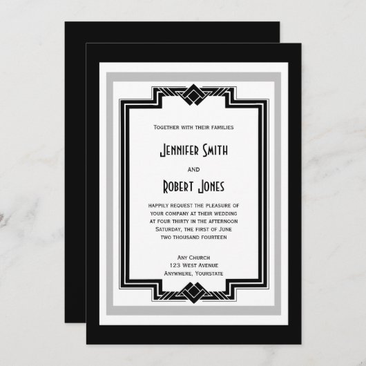 Zwart Wit Zilver Art Deco bruiloft uitnodiging (Voorkant / Achterkant)