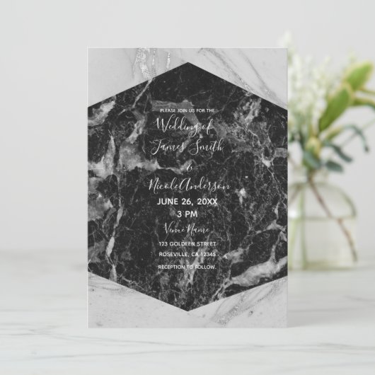 Zwart Wit & Zilver Marmer Moderne Bruiloft Kaart (Staand voorkant)