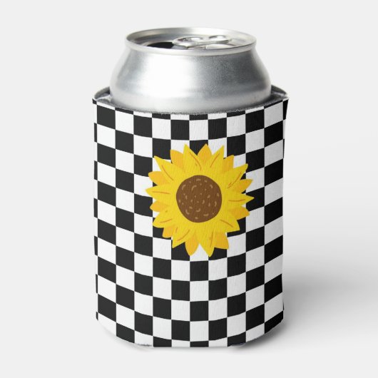 Zwart-wit Zonnebloem Checkerboard Retro Blikjeskoeler (Blikje Voorkant)