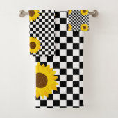 Zwart-wit Zonnebloem Geruite Bloem Patroon Bad Handdoek (Insitu)
