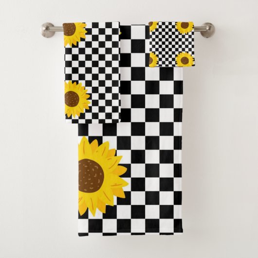 Zwart-wit Zonnebloem Geruite Bloem Patroon Bad Handdoek (Insitu)