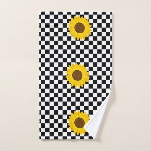 Zwart-wit Zonnebloem Geruite Bloem Patroon Bad Handdoek (Handdoek)