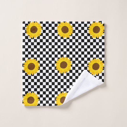 Zwart-wit Zonnebloem Geruite Bloem Patroon Bad Handdoek (Wasdoekje)