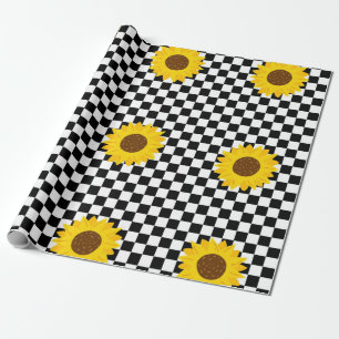 Zwart-wit Zonnebloem Geruite Bloem Patroon Cadeaupapier