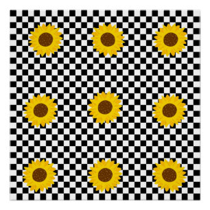 Zwart-wit Zonnebloem Geruite Bloem Patroon Perfect Poster