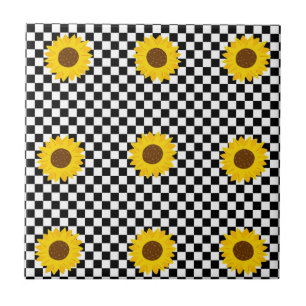 Zwart-wit Zonnebloem Geruite Bloem Patroon Tegeltje