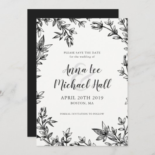 Zwart-witbladeren Aangepaste bruiloft opslaan Datu Save The Date (Voorkant / Achterkant)