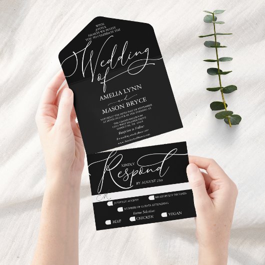Zwart-witCalligrafie-script bruiloft All In One Uitnodiging