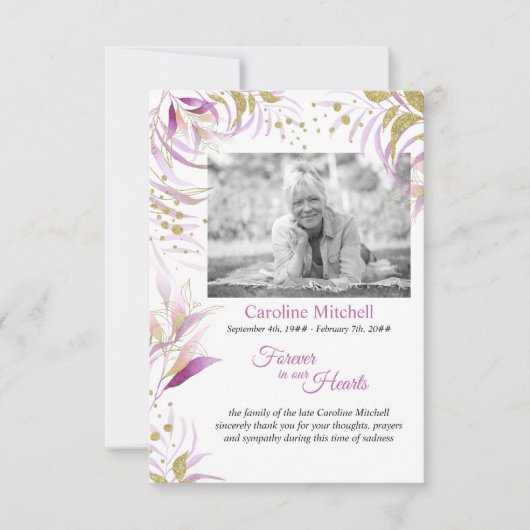 Zwart-witfoto-wit-roze roze en goudvulling bedankkaart (Voorkant)